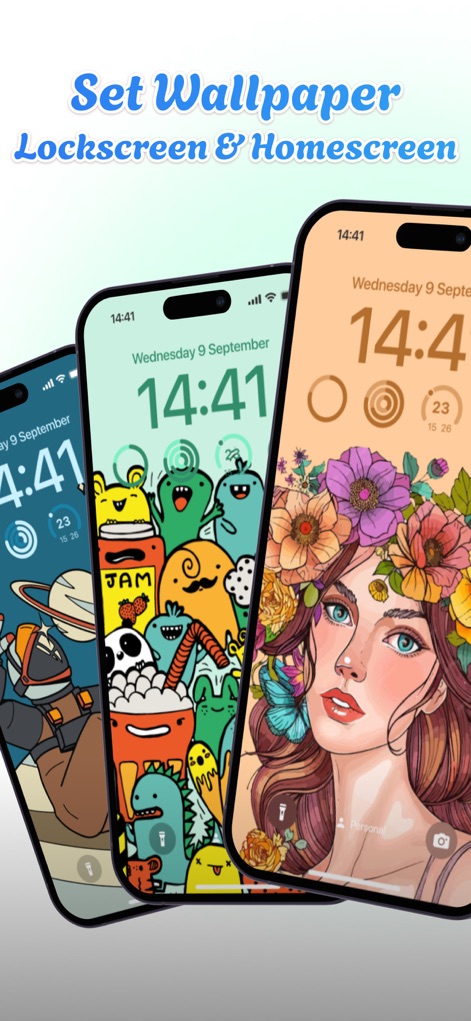 Corly: Color Picker Relax - Transforme suas criações em papéis de parede vibrantes, como demonstrado nas três telas de celular que exibem a personalização de lockscreen e homescreen.