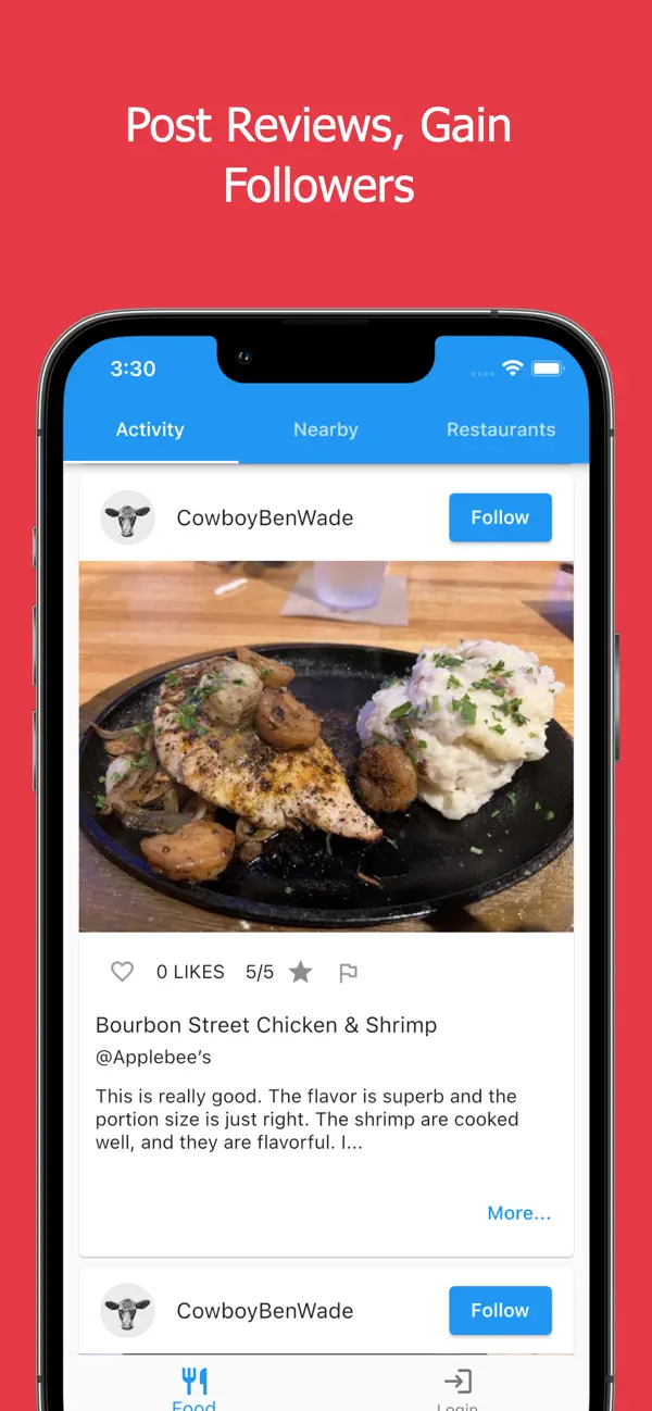 MenuScouter app screenshot showing food recommendations from friends