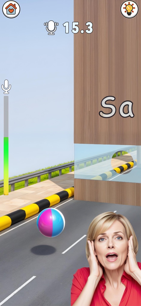 TicTack Challenge: Mini Games - Users can observe the dynamic ball movement on the road and the responsive voice control interface, indicating a sound-activated gameplay mechanic.