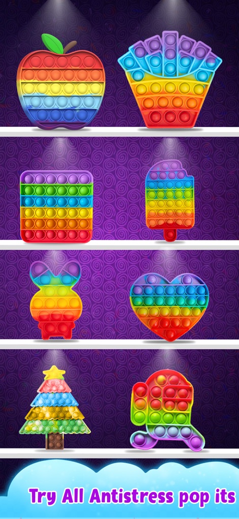 Fidget Toys 3D - Pop It Game - This section highlights the vast collection of available pop-it designs, from a classic apple to a festive Christmas tree, inviting users to explore.
