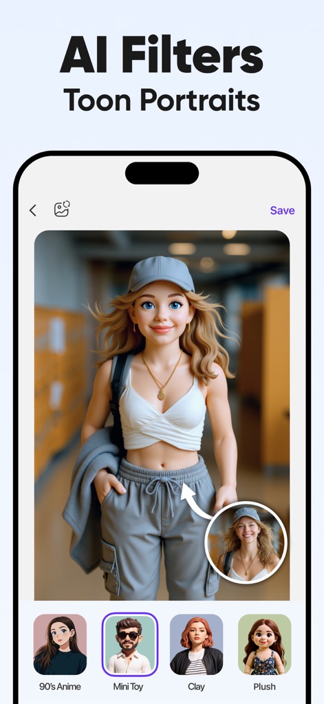 Unblur - AI Photo Enhancer - A captura exibe a conversão de uma pessoa em um retrato de desenho animado 3D, com a foto original no canto inferior para comparação. As características do rosto e o vestuário são reinterpretados em um estilo animado vibrante.