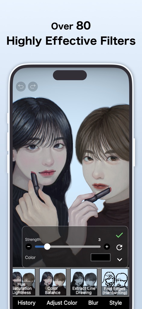 ibis Paint X - Gli utenti possono trasformare le loro opere con oltre 80 filtri altamente efficaci, regolando parametri come il "Color Balance" e la "Hue, Saturation, Lightness" per ottenere l'atmosfera desiderata.