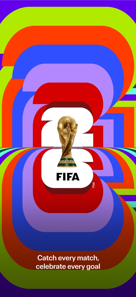 FIFA World Cup 2026™ - Dieser visuell beeindruckende Startbildschirm präsentiert das ikonische FIFA WM-Pokal-Logo und das FIFA 2026-Branding auf einem dynamischen, farbenfrohen Hintergrund, der die globale Natur des Turniers unterstreicht.