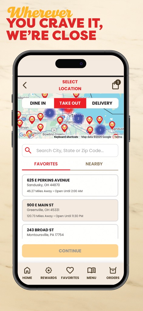 Marco’s Pizza - Users can quickly identify nearby Marco's Pizza stores via an interactive map interface or a detailed list view showing distance and operational status.