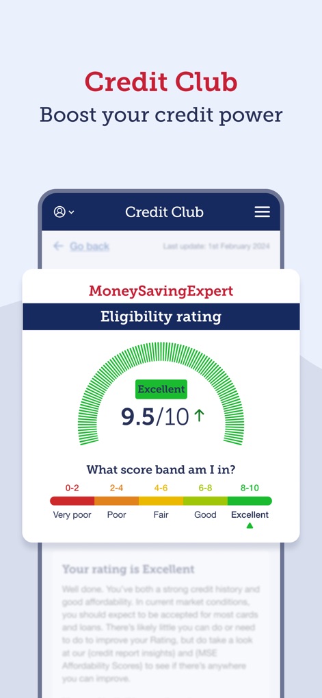 MoneySavingExpert - The Credit Club empowers users to understand their credit standing through a clear eligibility rating gauge and a detailed breakdown of their score band.
