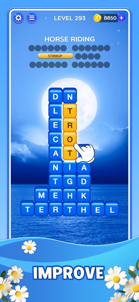 Word Crush® - Fun Puzzle Game - Il gioco invita ad affinare le proprie competenze linguistiche con sfide come "HORSE RIDING", utilizzando i blocchi di lettere disposti verticalmente su uno sfondo notturno sereno con la luna piena.