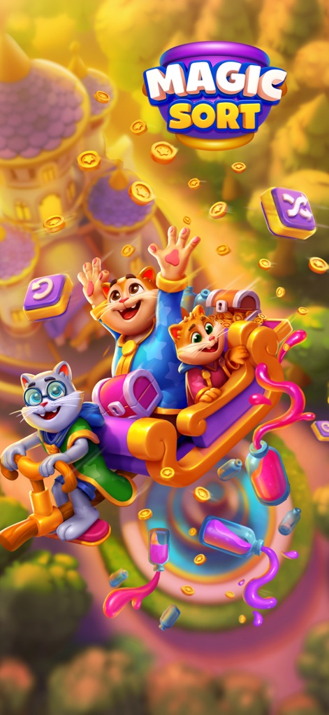 Magic Sort! - Immerse in the whimsical landscape and the vibrant character vehicle, accompanied by floating coins, encapsulating the app's charming fantasy theme.