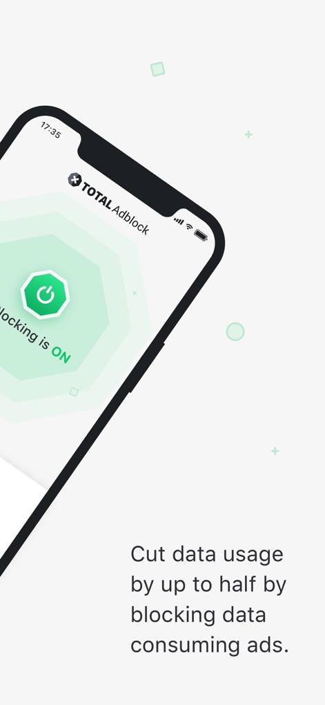 Total Adblock - Ad Blocker - This tool highlights its "Ad blocking is ON" status and illustrates how it helps "Cut data usage by up to half" for efficiency.