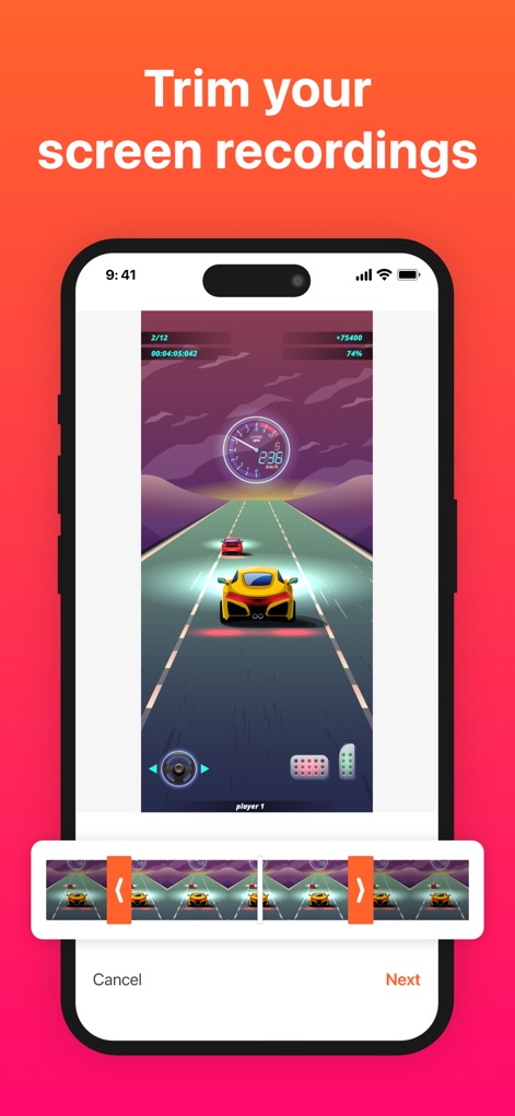 Screen Recorder with Audio - La aplicación ofrece herramientas de edición para recortar grabaciones, permitiendo a los usuarios seleccionar segmentos específicos con marcadores de inicio y fin en una línea de tiempo visual.
