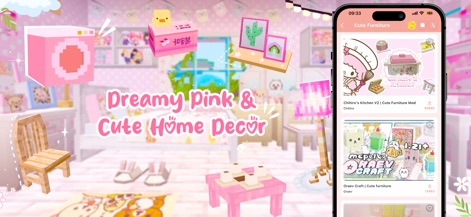 Furniture mod for Minecraft PE - The app enables players to craft charming interiors, showcasing adorable pink furniture and unique decorative elements like the "Chihiro's Kitchen V2" mod.