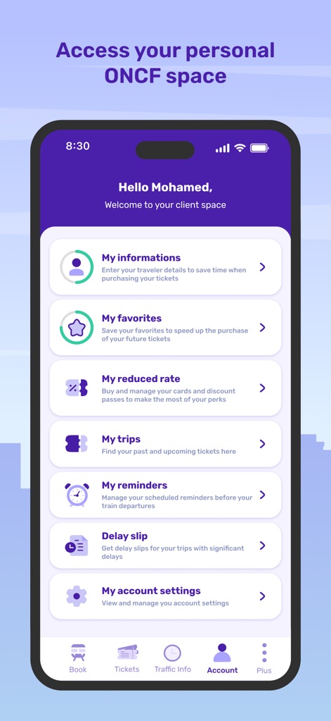 ONCF Voyages - Cet outil propose un espace client personnalisé où l'utilisateur gère ses informations et ses voyages, et accède à ses réductions et offres commerciales.