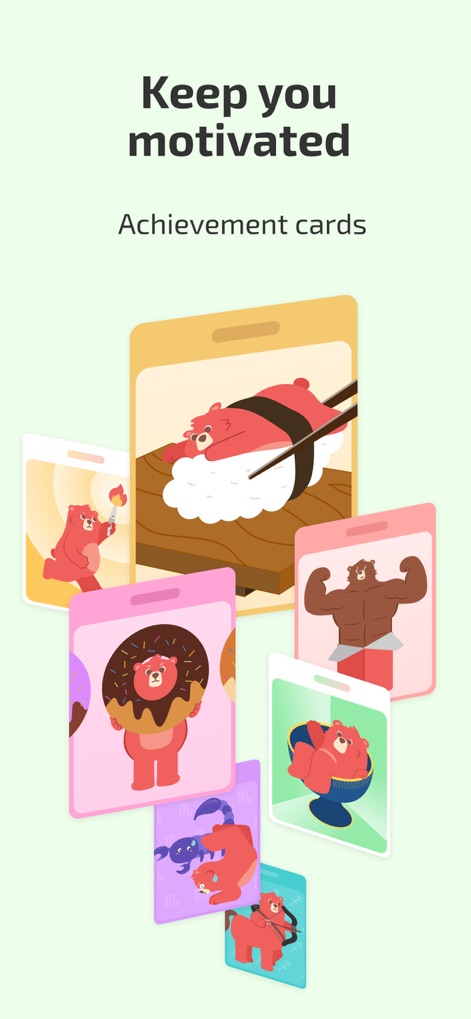 Fito: Fitness Streak, Calorie - Users stay motivated by collecting unique achievement cards, each featuring the Fito bear in playful and diverse thematic illustrations.