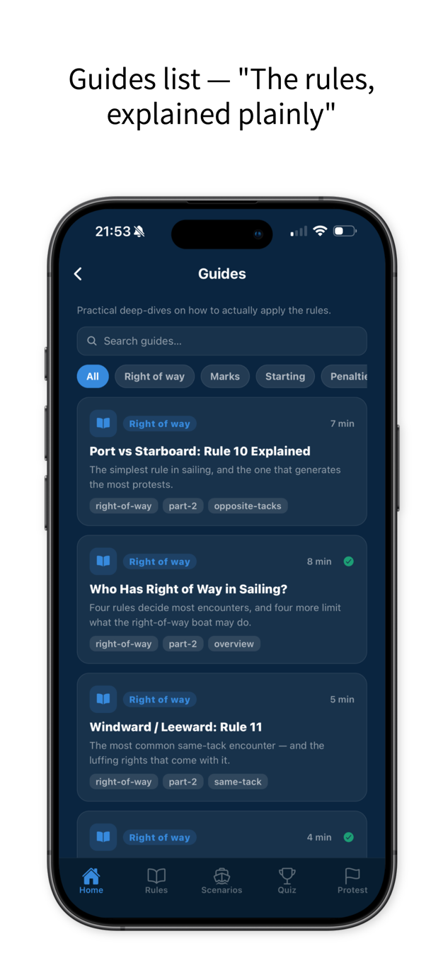 In-app guides list with plain-English explanations of the racing rules