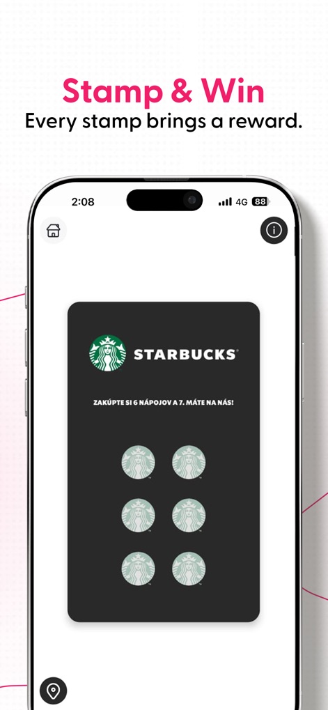 Magic Stamp - Witness real-time loyalty progress on a dedicated digital stamp card, exemplified by the 'STARBUCKS' card and its visually satisfying filled stamp icons.