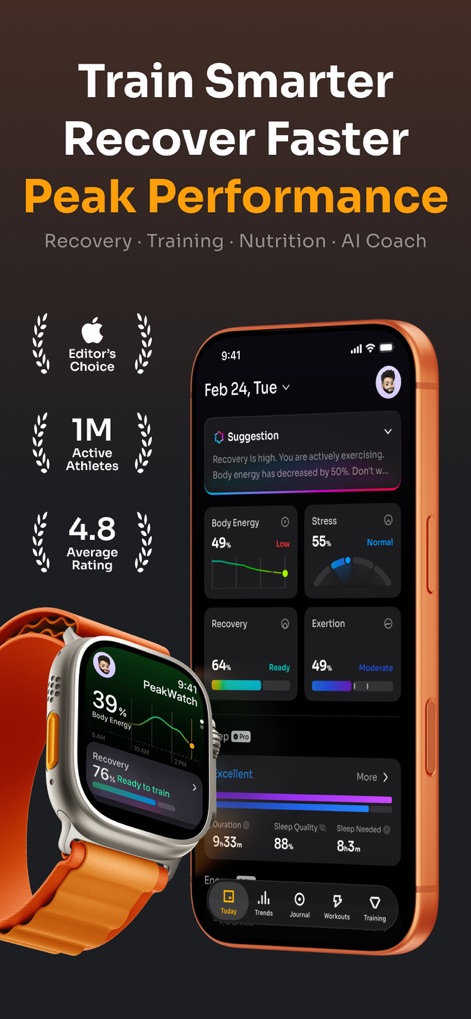 PeakWatch - AI Fitness Coach - このアプリは、Apple Watchに表示される身体の回復状況と、スマートフォンのダッシュボードでBody Energyの進行状況を詳細に示します。
