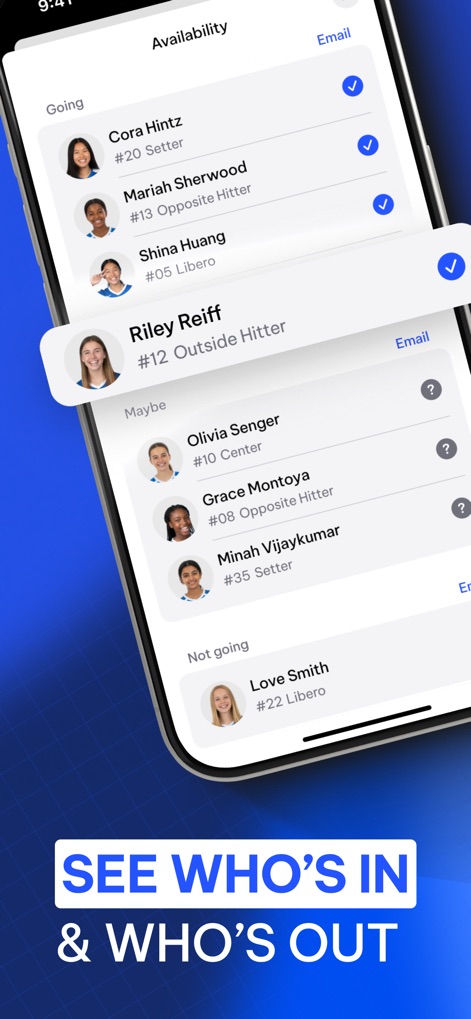 TeamLinkt - Sports Team App - Les utilisateurs peuvent rapidement consulter la disponibilité des joueurs, avec des indicateurs clairs pour ceux qui participent et une liste des noms des joueurs, simplifiant ainsi la gestion des effectifs.