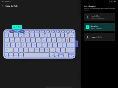 Logi Options+ Mobile - Les utilisateurs gèrent facilement les connexions multi-appareils via les touches Easy-Switch (F1, F2, F3), basculant entre un "MacBook Pro" et un "Sam's iPad" avec une efficacité remarquable.