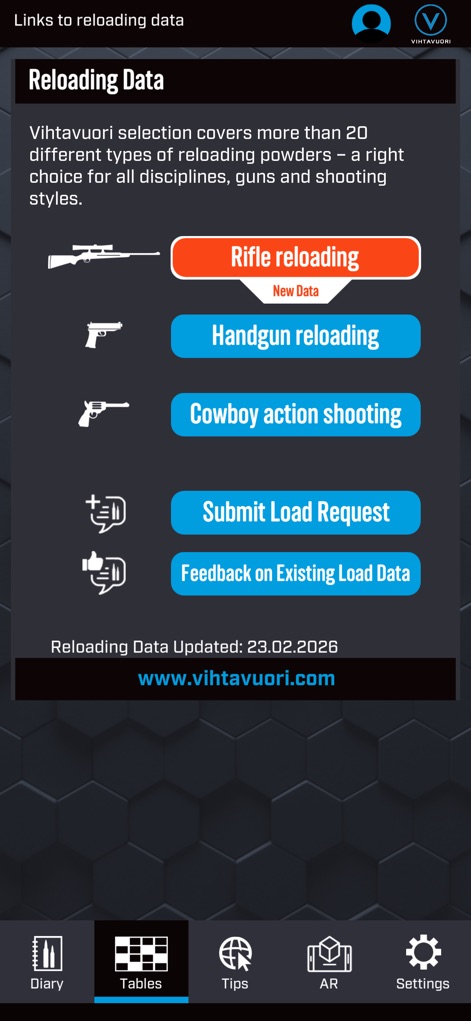 Vihtavuori Reload - この画面では、「Rifle reloading」や「Handgun reloading」などのカテゴリ別に整理されたリロードデータに素早くアクセスでき、さらにロードデータリクエストを送信するオプションも提供されます。
