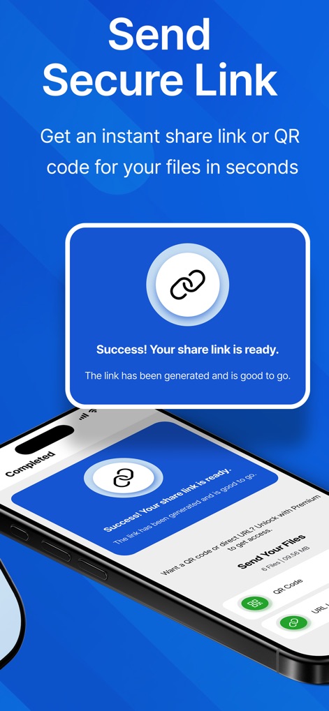 PairDrop - The app confirms successful link creation with a prominent 'Success! Your share link is ready' notification, ensuring secure sharing via a dedicated link icon.