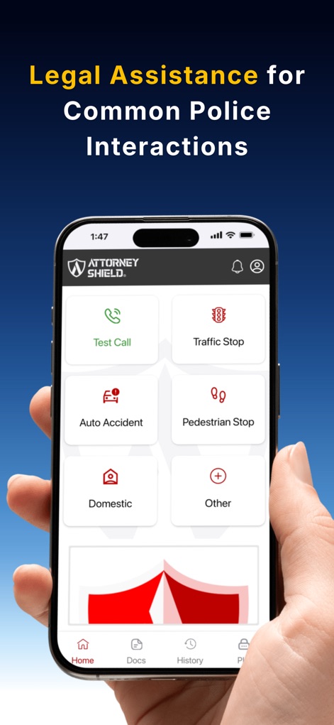 Attorney Shield Inc - The app provides quick access to support for various incidents like a 'Traffic Stop' or 'Auto Accident', organized with a clear bottom navigation bar.