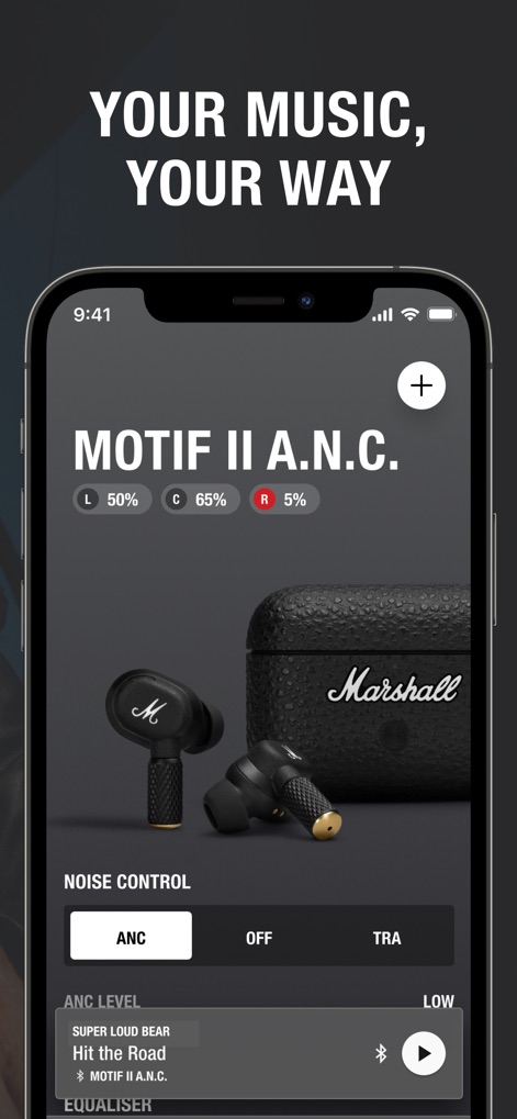 Marshall Bluetooth - Die App bietet einen umfassenden Überblick über verbundene Geräte, wie den detaillierten Batteriestatus für linke und rechte Ohrhörer sowie die Auswahl von Rauschunterdrückungsmodi.