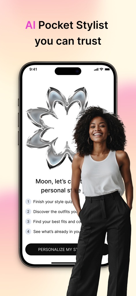 Dressly: AI Outfit Stylist - This initial screen guides users through the personalization process, featuring a clear "PERSONALIZED MY STYLE" call to action and an outlined list of steps to create their unique style profile.