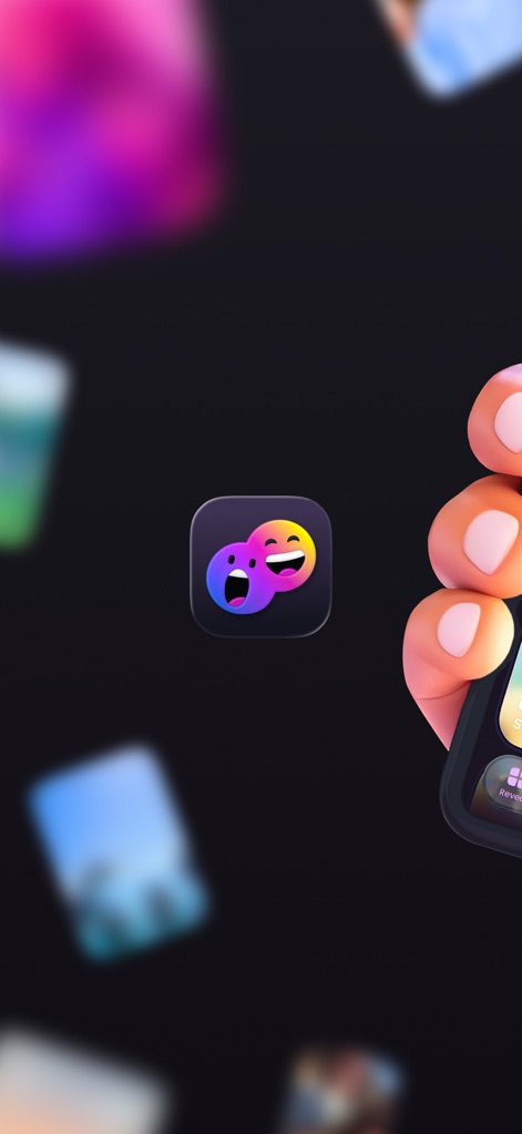 Buddies: Every day together - The distinctive app icon with its playful dual-face design hints at the shared emotional journey, while blurred background images symbolize daily hidden moments.