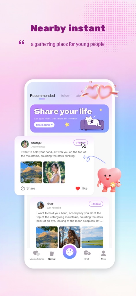 Private Meeting:Chat Nearby - La piattaforma offre un feed dinamico dove gli utenti possono "Share your life" pubblicando aggiornamenti con immagini e testo, e interagire con la comunità attraverso i pulsanti "like" e l'opzione per "follow" altri profili.