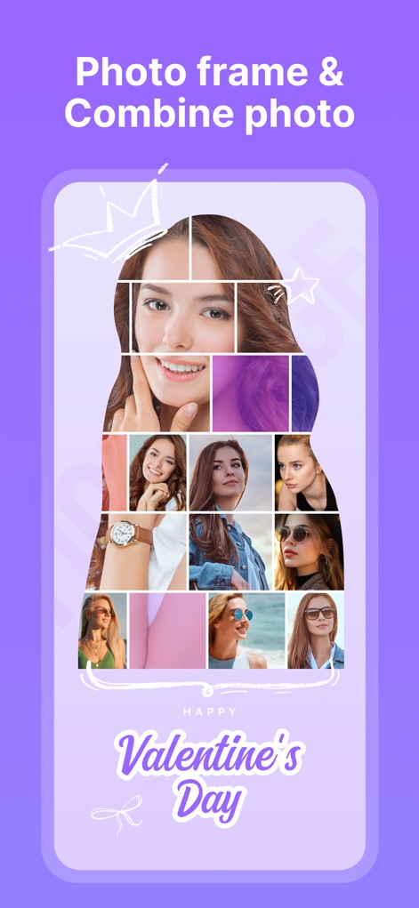 Collage Maker - Photos Editor - 이 앱은 여러 사진을 하나의 큰 이미지 프레임 안에 통합하는 기능을 제공하며, 특별한 메시지나 테마가 있는 'Happy Valentine's Day'와 같은 문구를 추가할 수 있습니다.