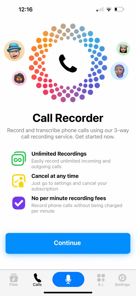 Voice Recorder & Audio Editor - The app introduces its Call Recorder functionality, highlighting benefits like 'Unlimited Recordings' and the flexibility to 'Cancel at any time' for user convenience.