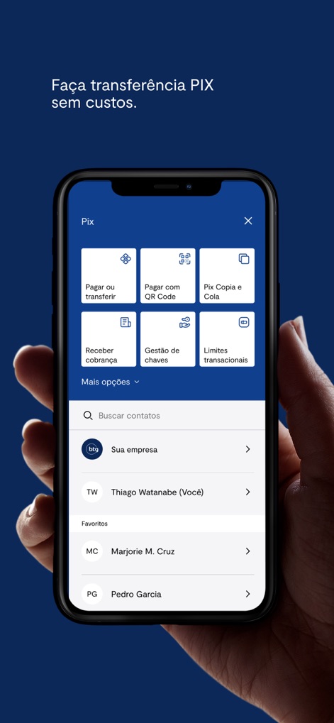 BTG Pactual Empresas: Conta PJ - Effectuez des transferts et paiements via Pix avec des options claires pour payer ou transférer et une gestion sécurisée des clés Pix.