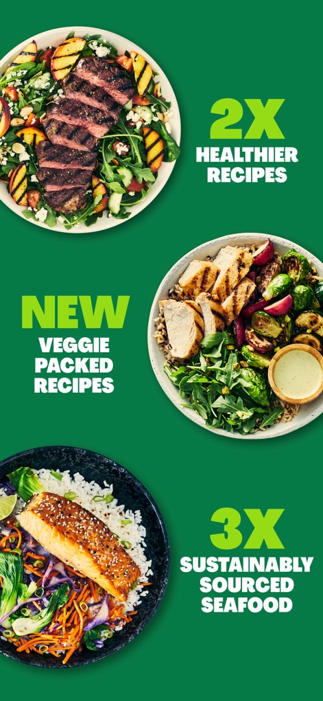 HelloFresh: Meal Kit Delivery - The app highlights its commitment to quality, featuring healthier recipe options and emphasizing sustainably sourced seafood choices.