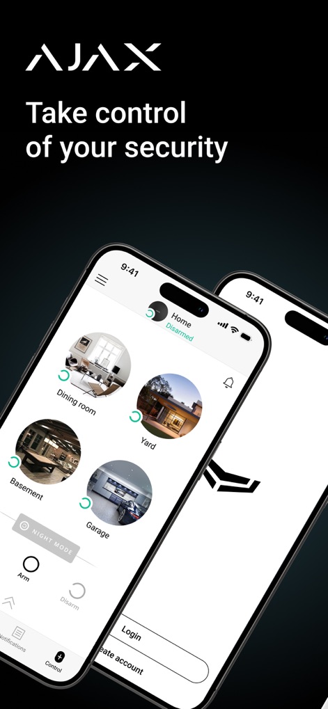 Ajax Security System - Die App präsentiert eine übersichtliche Startseite mit individuellen Raumeinstellungen und ermöglicht Nutzern die einfache Aktivierung oder Deaktivierung des Sicherheitssystems.