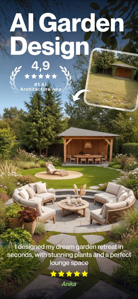 AI Garden Design: Landscape AI - See how AI Garden Design: Landscape AI delivers an instant before/after transformation, turning a simple yard into a luxurious garden design complete with a gazebo and outdoor seating.