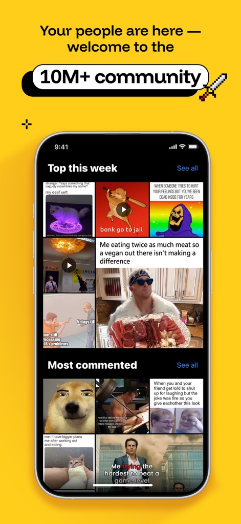 iFunny－funny videos，memes，GIFs - La sección comunitaria presenta "Top this week" y "Most commented", ofreciendo a los usuarios una vista organizada de los memes más populares y discutidos dentro de la plataforma.