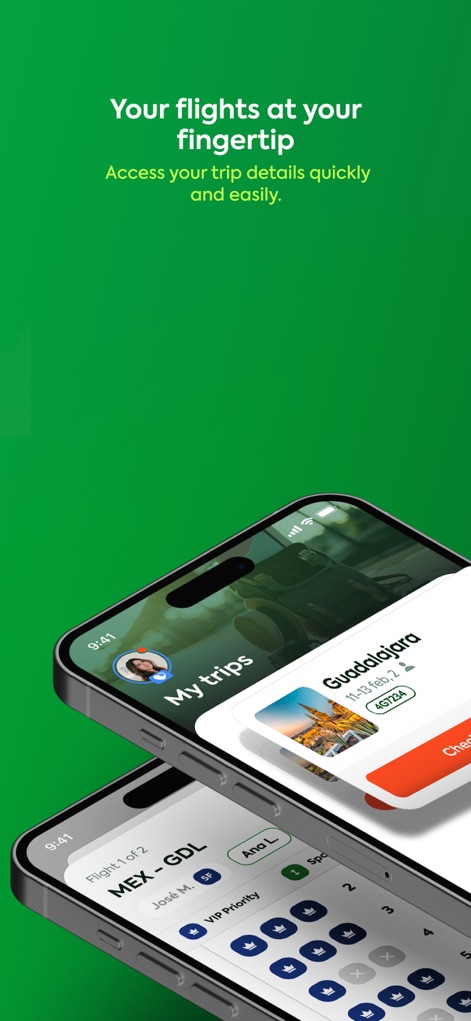 Viva Aerobus: Fly! - Users can view upcoming trips with detailed flight information and effortlessly select seats using the integrated keypad.