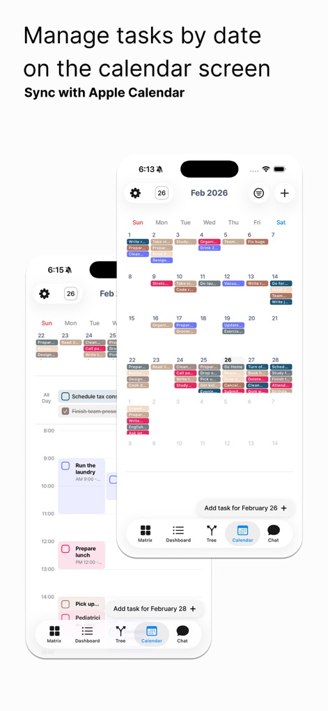 Eisenhower Matrix: Todo & Task - カレンダー画面では、日付ごとにタスクを詳細に管理し、スケジュール全体を把握できます。Appleカレンダーとのシームレスな同期機能により、既存のスケジュールとタスクを統合し、計画を効率化します。
