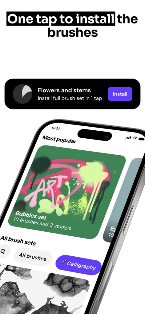 Tools for Procreate - ブラシセットのインストールは極めて簡単で、ユーザーは「Install」ボタンをタップするだけで、新しいツールを即座に追加できます。例えば、「Bubbles set」のような多様なブラシセットが、ワンタップでProcreateに導入可能です。