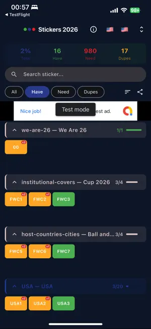 Stickers Cup 2026 List screenshot 2