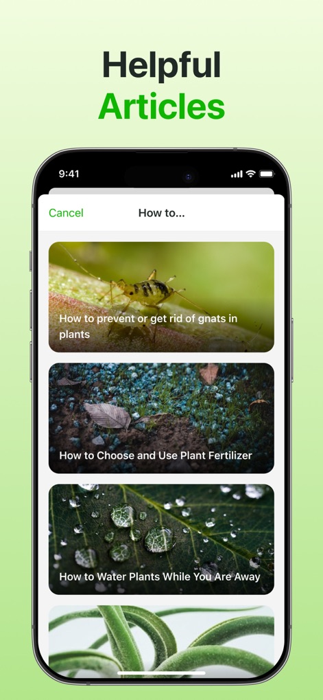Plant Identifier & Care App - The app offers a library of 'Helpful Articles,' providing expert guidance on topics such as pest prevention and plant fertilization.