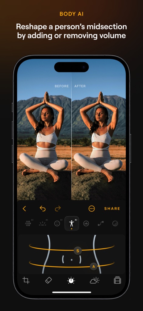 Luminar: Image Editor&Enhancer - 被写体の胴体をリアルに整形し、ボリュームの追加や除去によって、自然な体型補正を実現します。