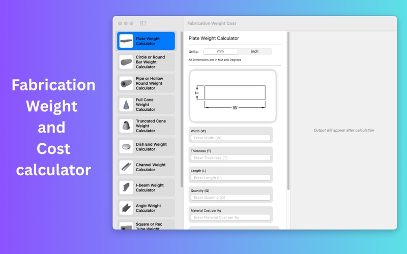 Fabrication Weight Cost Calc screenshot
