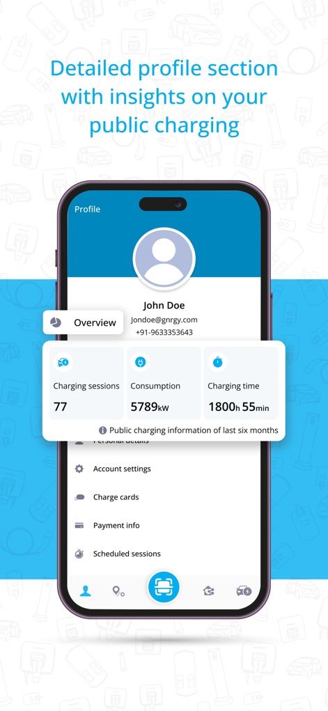 Gnrgy Go - Users gain valuable insights from their detailed profile, showcasing total charging sessions and overall consumption, alongside accessible account settings.