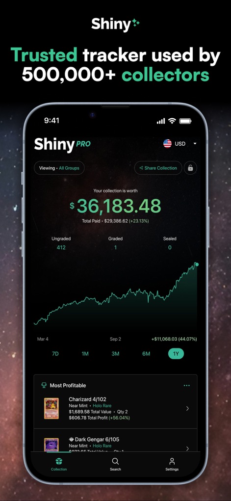 Shiny - Card Value Scanner - See how Shiny - Card Value Scanner clearly displays a user's total collection worth and provides a detailed value growth graph over time.