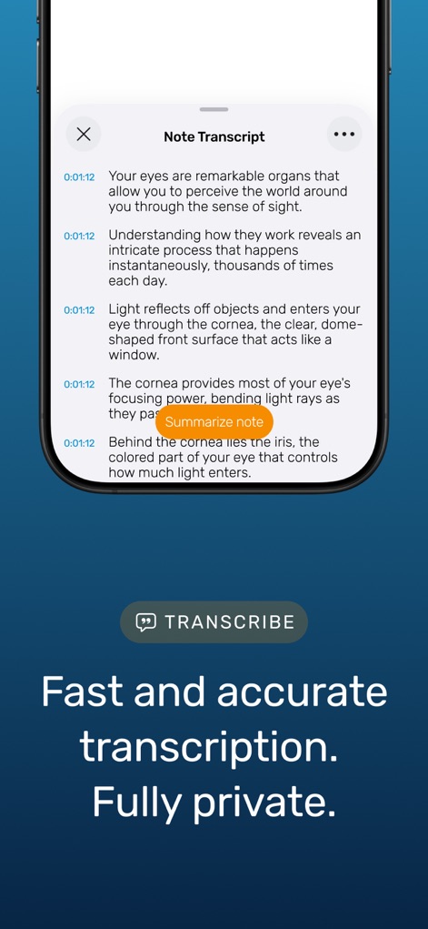Noted: Record & AI Transcribe - Observe the app's fast and accurate transcription capabilities, complemented by the convenient 'Summarize note' feature for quick insights.