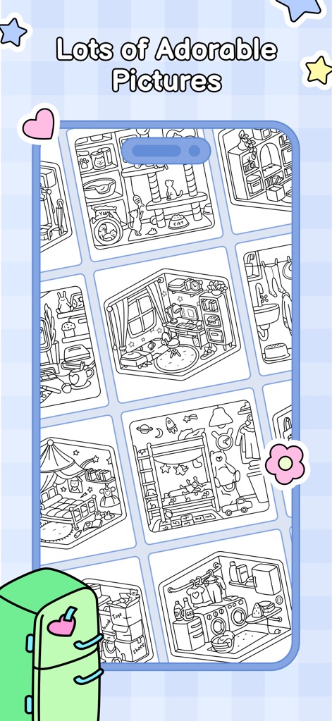 Cozy Home: Comfy Coloring Book - 사용자는 격자형으로 배열된 수많은 미완성 그림 중에서 선택하여 다양한 테마의 공간을 탐색하고, 자신만의 색상으로 채워나갈 수 있습니다.