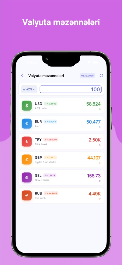 Kredit Hesabla - PulApp - L'app offre un convertitore di valuta intuitivo che mostra i 'Valyuta məzənnələri' (tassi di cambio) del dollaro americano (USD) e dell'euro (EUR), aggiornati con le quotazioni della Banca Centrale.