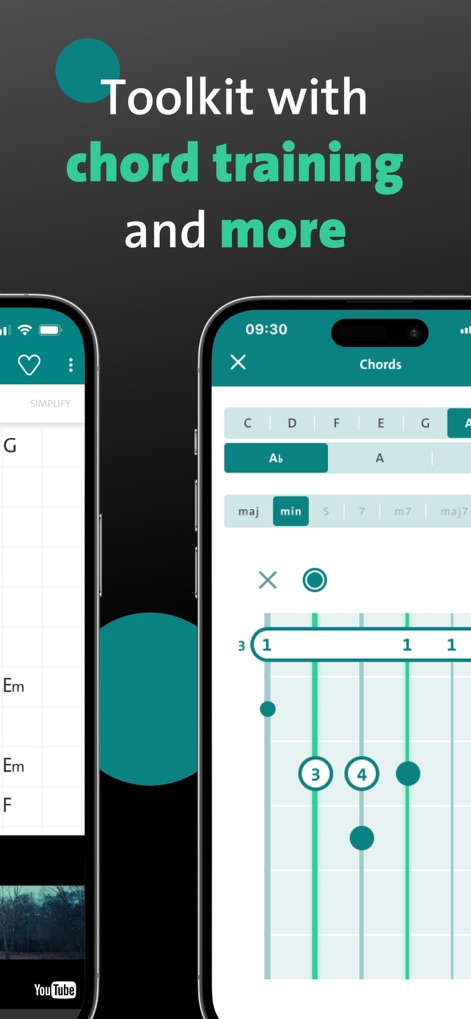Chordify: Songs, Chords, Tuner - Access a versatile chord toolkit that allows exploration of various chord types and visualizes them on an interactive fretboard diagram.