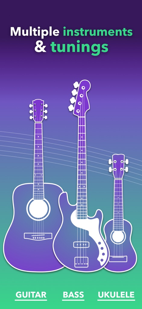 Guitar Tuner Easy tune chords - Discover the app's broad instrument compatibility, allowing users to select between guitar, bass, and ukulele through distinct visual icons.