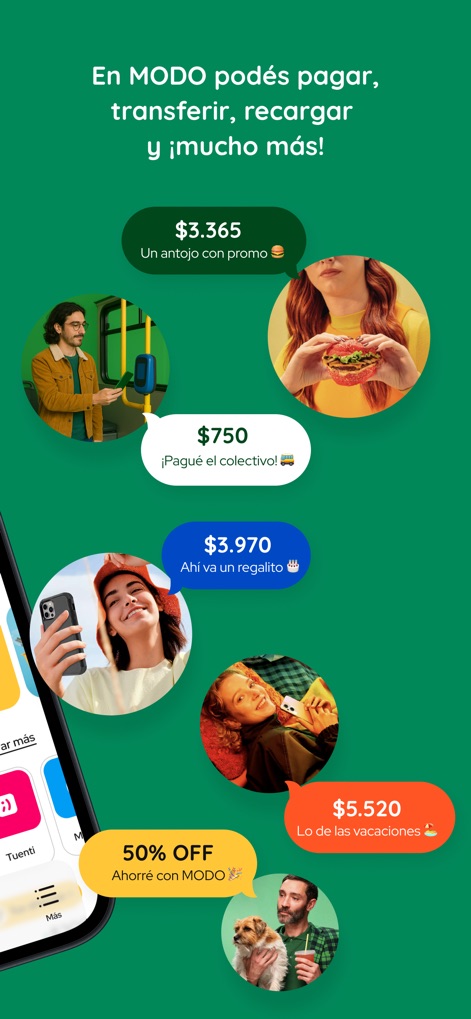 MODO - Cette interface visuelle met en lumière la diversité des transactions possibles, des paiements quotidiens ("Pagué el colectivo") aux avantages immédiats comme les économies affichées ("50% OFF Ahorré con MODO").